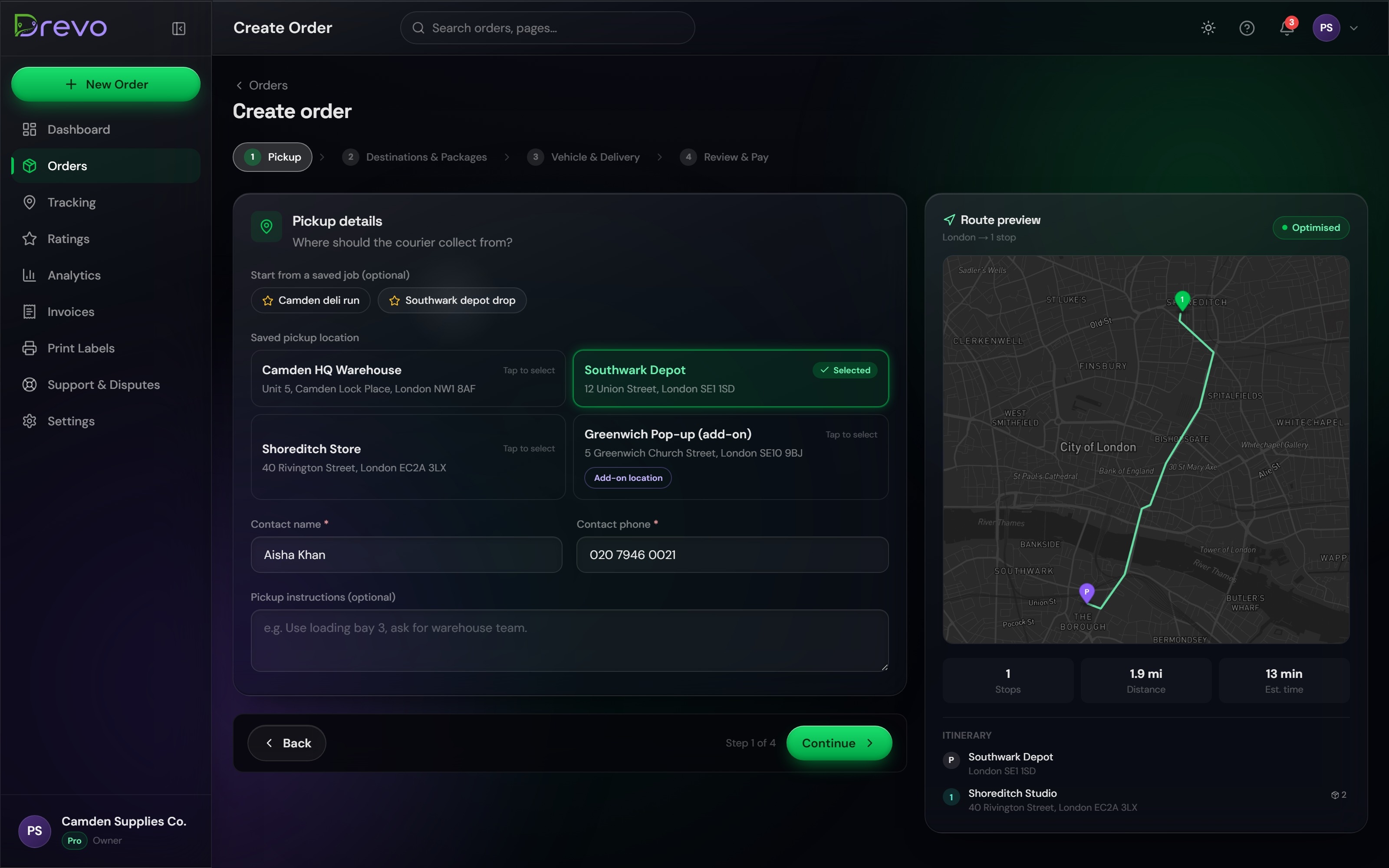 Drevo dashboard — Pickup