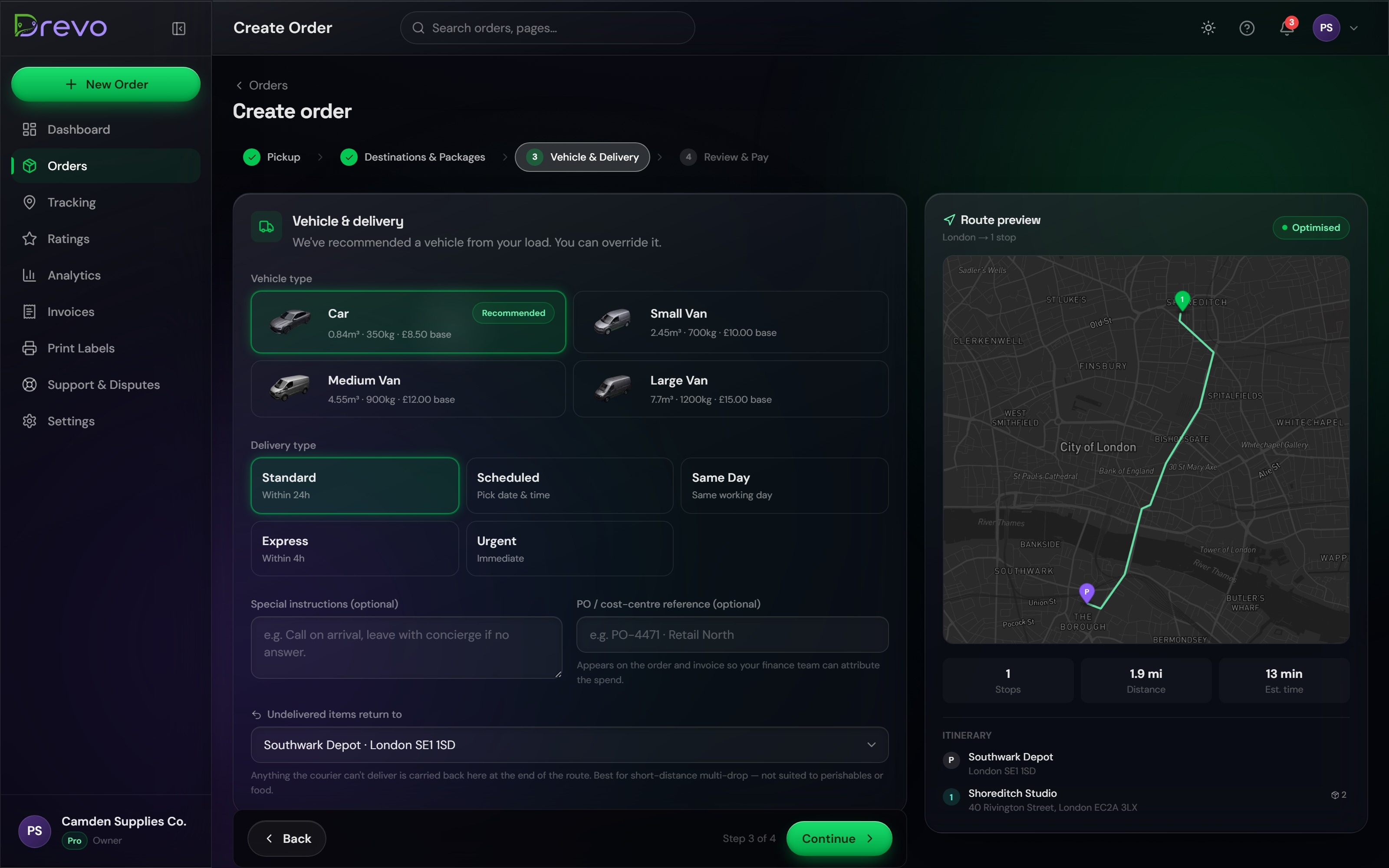 Drevo dashboard — Vehicle & delivery
