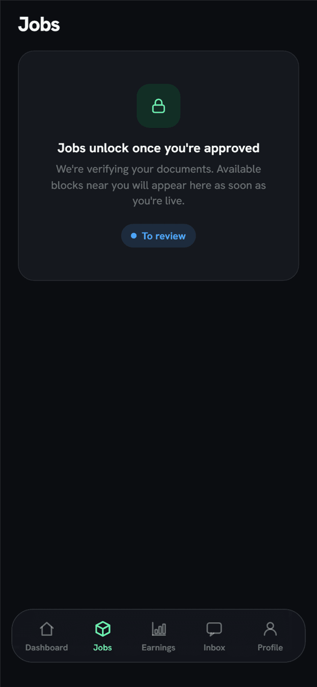 The Drevo courier app jobs screen showing jobs locked until the courier is approved.