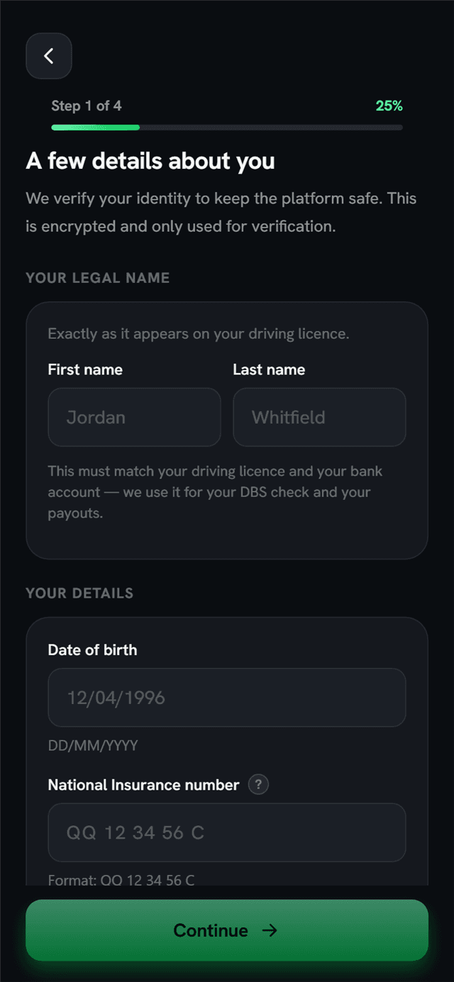 The Drevo courier app onboarding: step 1 of 4, legal name exactly as on the driving licence, date of birth and National Insurance number.