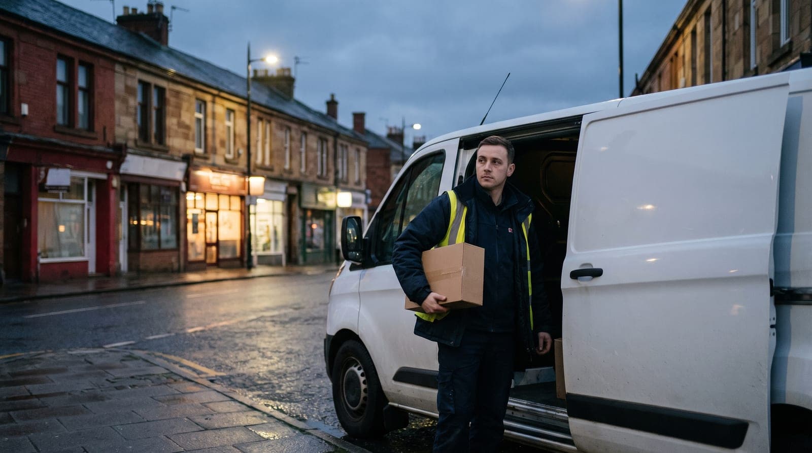A courier in a hi-vis vest holding a parcel beside the open side door of a plain unbranded white van, parked on a wet high street of sandstone terraces at dusk.