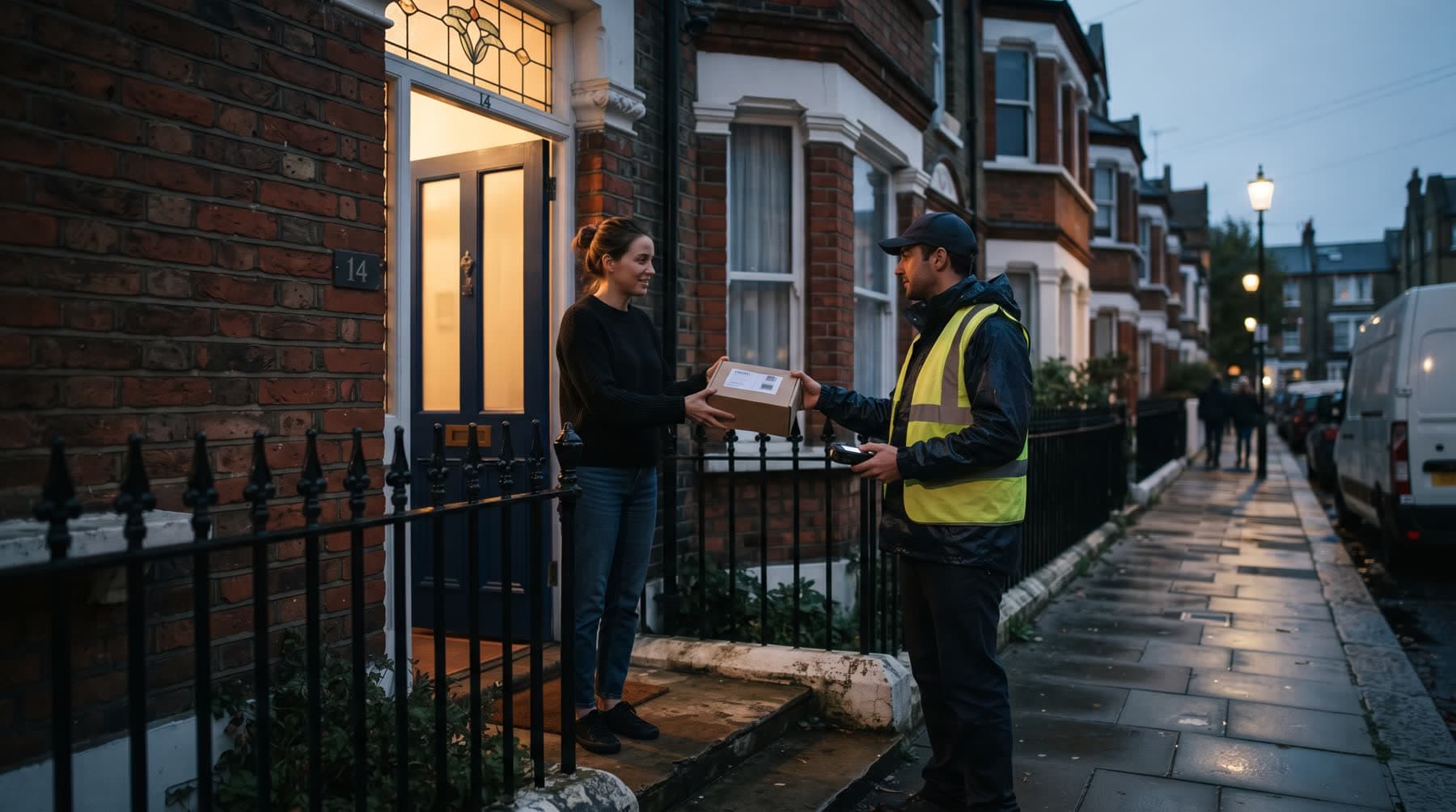 A courier in a high-visibility vest handing a parcel to a woman at the open door of a Victorian brick terrace at dusk, the delivery van at the kerb behind.